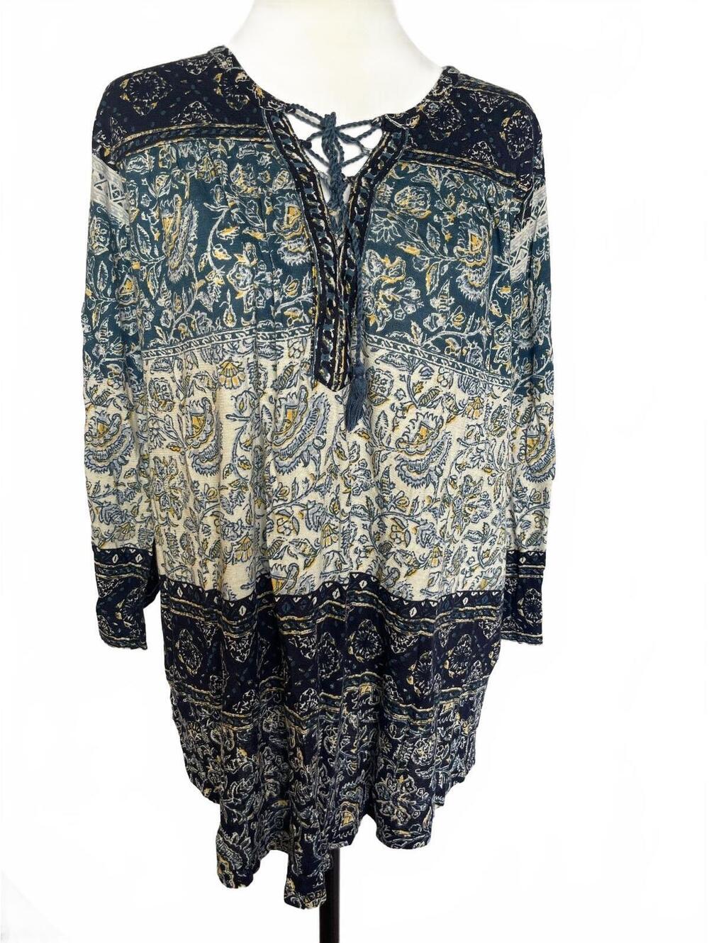 Lucky Brand Paisley Peasant Tunic Top 2X Blue Ivory Boho Lace Up Western Cottage
